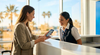 A traveler at an Orlando airport counter shows their phone to an agent for a car rental pickup
