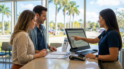 A white convertible car rental parked on a sunny road next to a beautiful Florida beach with palm trees