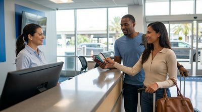 A person hands over their driving licence at a car hire desk in the United Estates