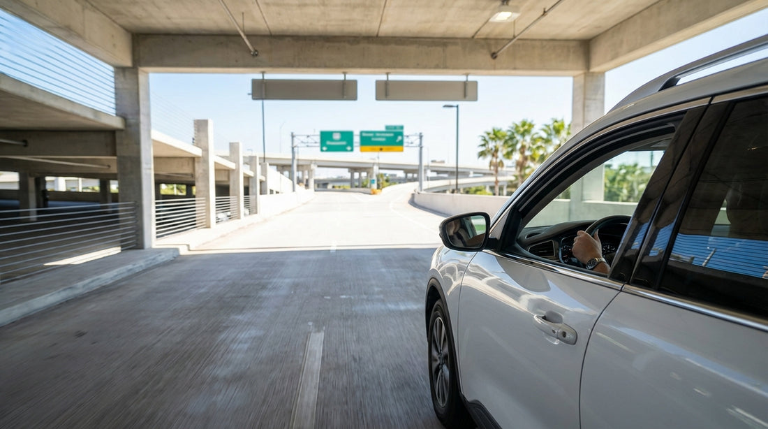 A convertible car hire drives on a sun-drenched Miami highway with the city skyline in the background
