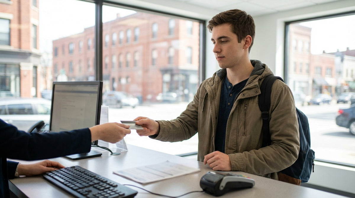 A young driver stands beside their car hire vehicle on a busy street in New York City
