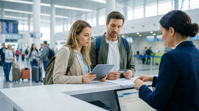A customer at an airport car hire counter in the United States, speaking with a rental agent