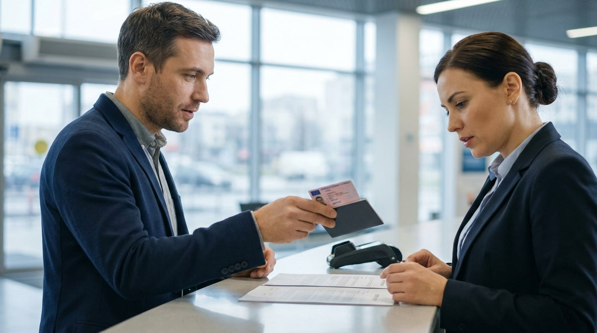 A person holding keys for their car rental on a busy New York street with yellow taxis and skyscrapers in the background