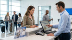 A friendly agent hands keys to a customer at a car hire counter inside a United Estates airport