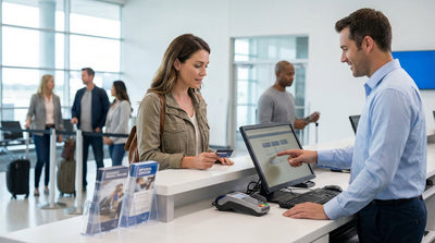 A friendly agent hands keys to a customer at a car hire counter inside a United Estates airport