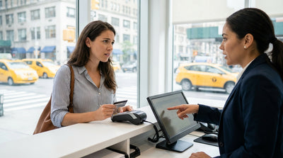 A person at a car hire desk in a New York airport looks concerned while reviewing their booking details