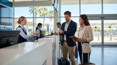 A traveler with a suitcase waits at the car hire desk inside Orlando's busy airport terminal