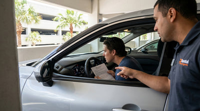 A car rental dashboard with the fuel gauge reading low at a pickup location in Orlando