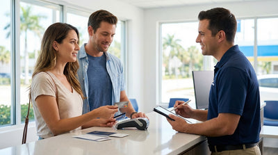 A person hands a credit card to an agent at a Florida airport car hire desk