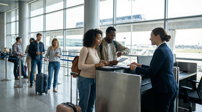 A brightly lit car hire counter inside New York's JFK airport terminal with a customer waiting