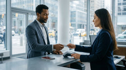 Customer handing a credit card to an agent at a car rental counter in New York