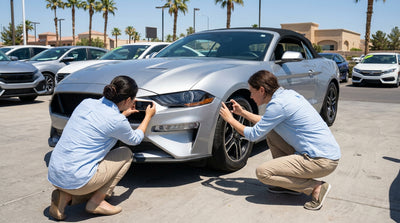 A person's hand holding a phone to photograph a scratch on a white car rental in a sunny Las Vegas parking lot