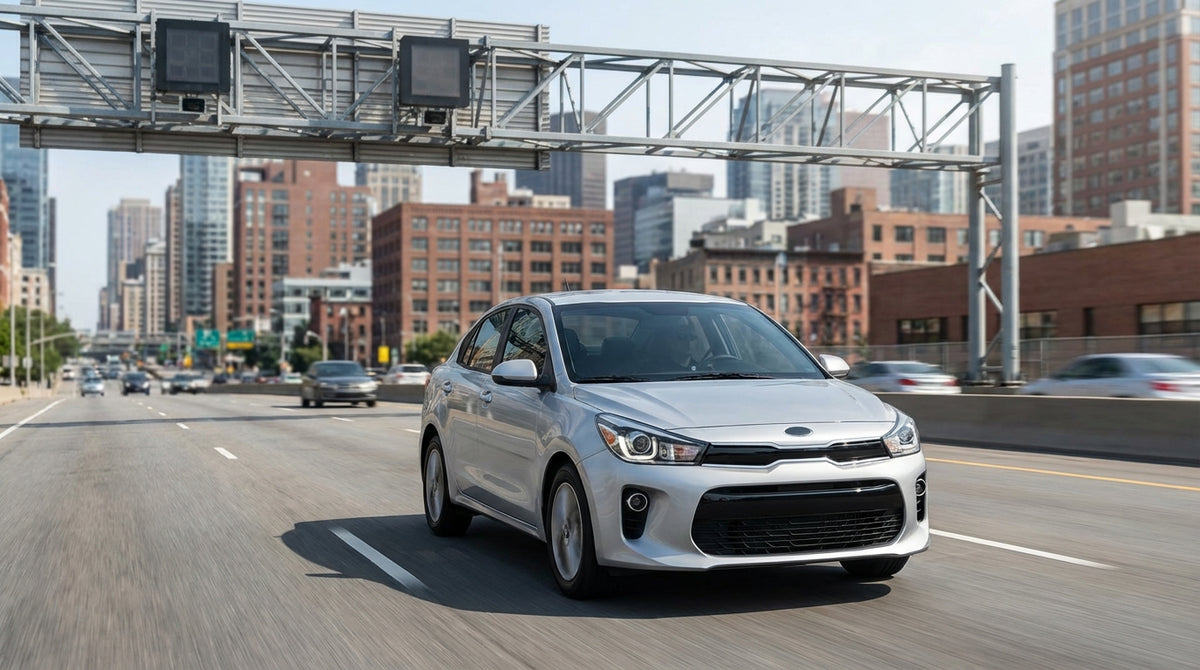 Yellow cabs and a car rental in heavy traffic on a busy street in New York City with skyscrapers in the background