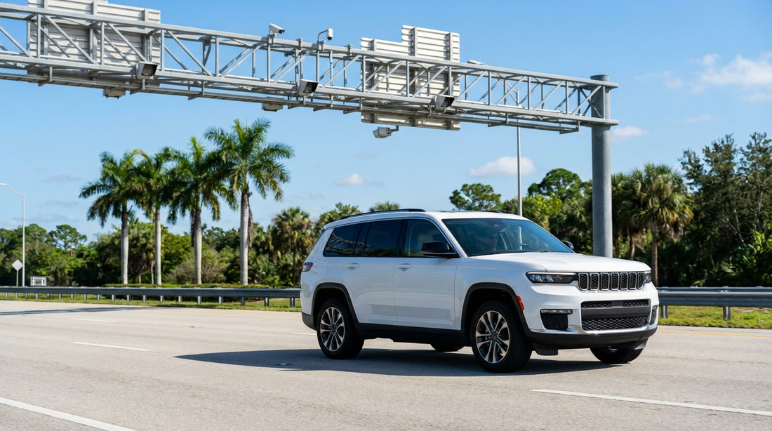 A car hire drives on a sunny Florida highway approaching an electronic cashless toll sign