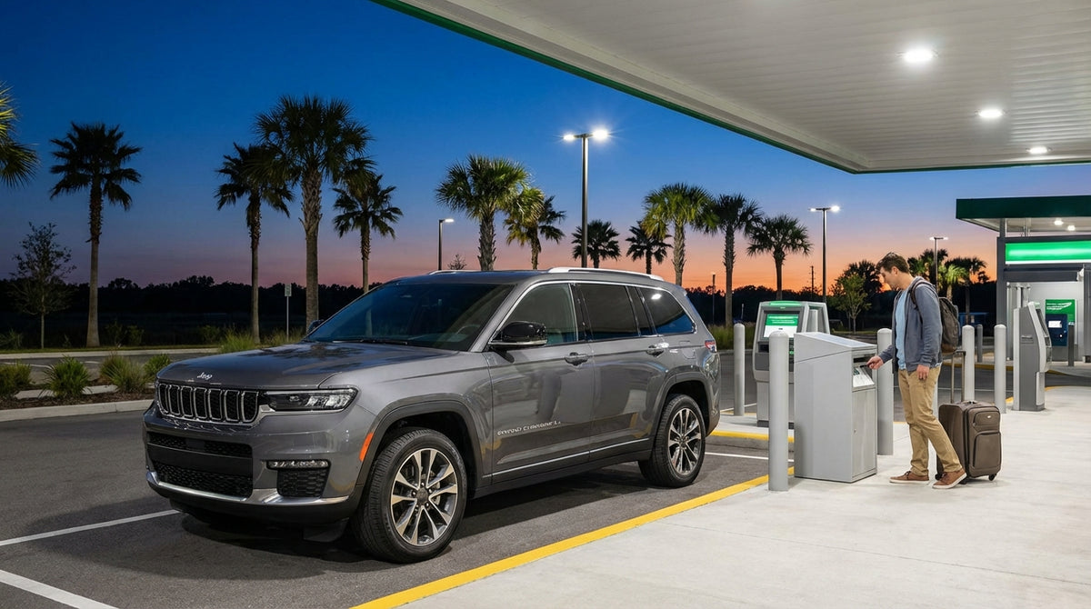 A row of cars in an Orlando car hire lot at sunset, with palm trees against a pink sky