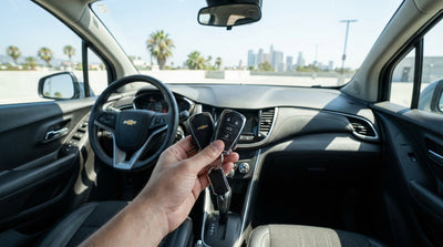 A hand holds two keys for a car hire on a sunny, palm-lined street in Los Angeles