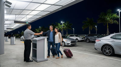 The Miami International Airport car hire center illuminated at night, ready for late-arriving travelers