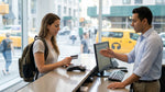 A person hands a prepaid debit card to an agent to complete their car rental paperwork in New York