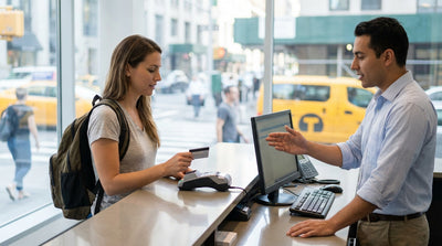 A person hands a prepaid debit card to an agent to complete their car rental paperwork in New York