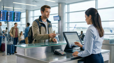 A person uses a credit card at a US airport desk to pay the deposit for their car hire