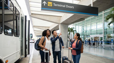 Travelers walking towards the well-lit car hire counters inside the Orlando Airport terminal
