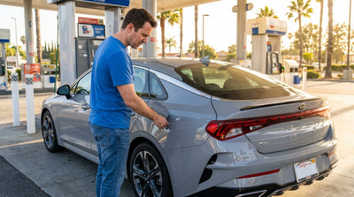 A person at a California gas station looks for the fuel door release on the side of their modern car hire
