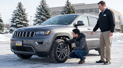 A person crouches in the snow to inspect the tires of their Pennsylvania car hire on a cold winter day