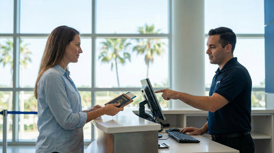 A customer hands their documents to an agent at a car hire counter inside the Orlando airport terminal