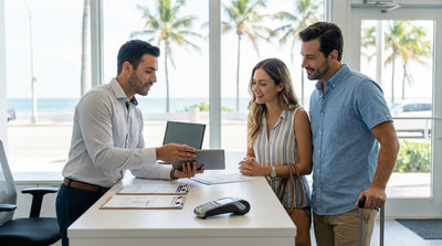 A red convertible car rental driving down Ocean Drive past the iconic Art Deco hotels and palm trees in Miami