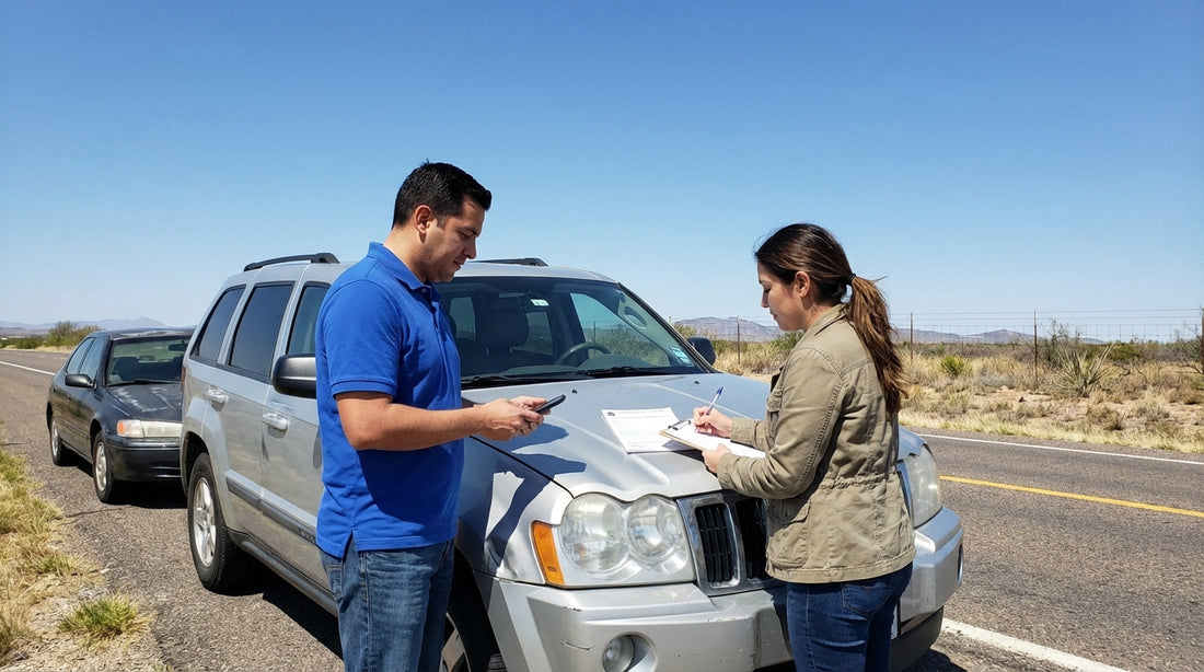 A person inspecting minor damage on their car hire vehicle on the side of a Texas road