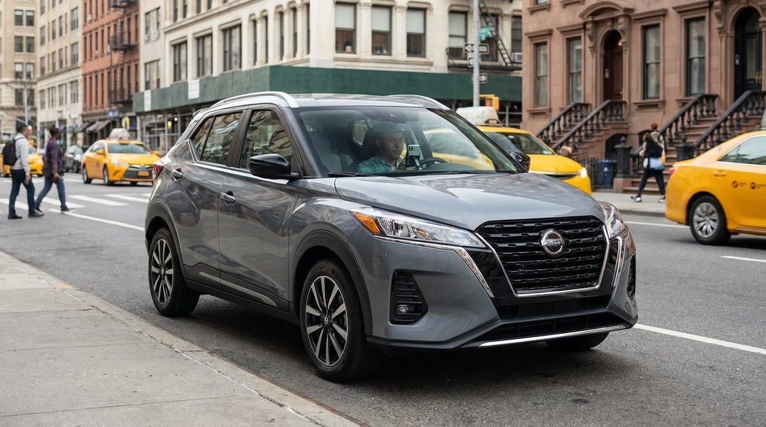 A car hire in New York City traffic, surrounded by yellow cabs on a busy street with skyscrapers