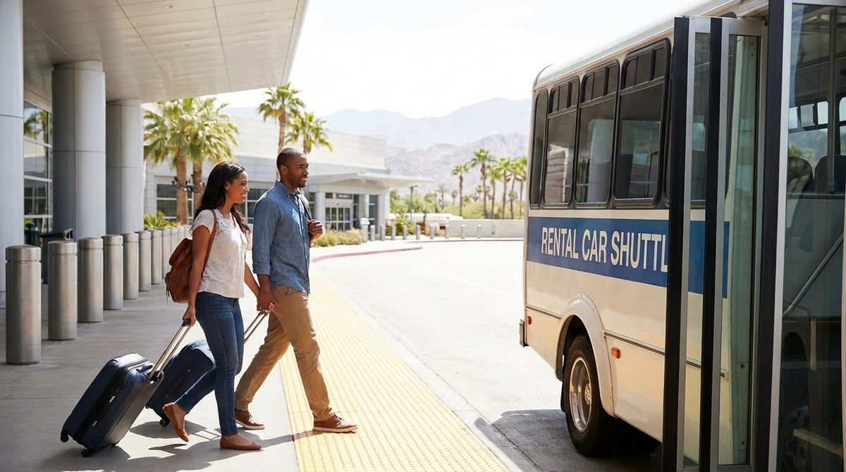 An overhead sign in Las Vegas Airport arrivals directing travelers to the car rental center shuttle