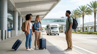 A white car hire shuttle bus waits for passengers at the curb of a sunny Orlando airport terminal