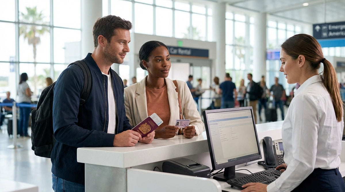 A red convertible car hire driving on an open desert road in the United Estates towards distant mountains