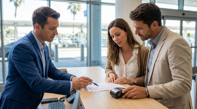 A customer signs a car hire agreement at a rental desk in the United States
