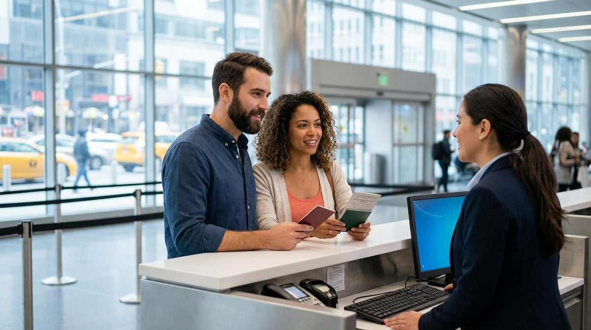 A person with luggage stands by their car rental on a busy street in New York City
