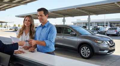 A traveler inspects their car hire vehicle in a multi-level parking garage at a busy US airport