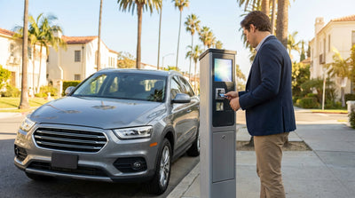 A modern car rental parked at a meter on a sunny, palm-lined street in Los Angeles