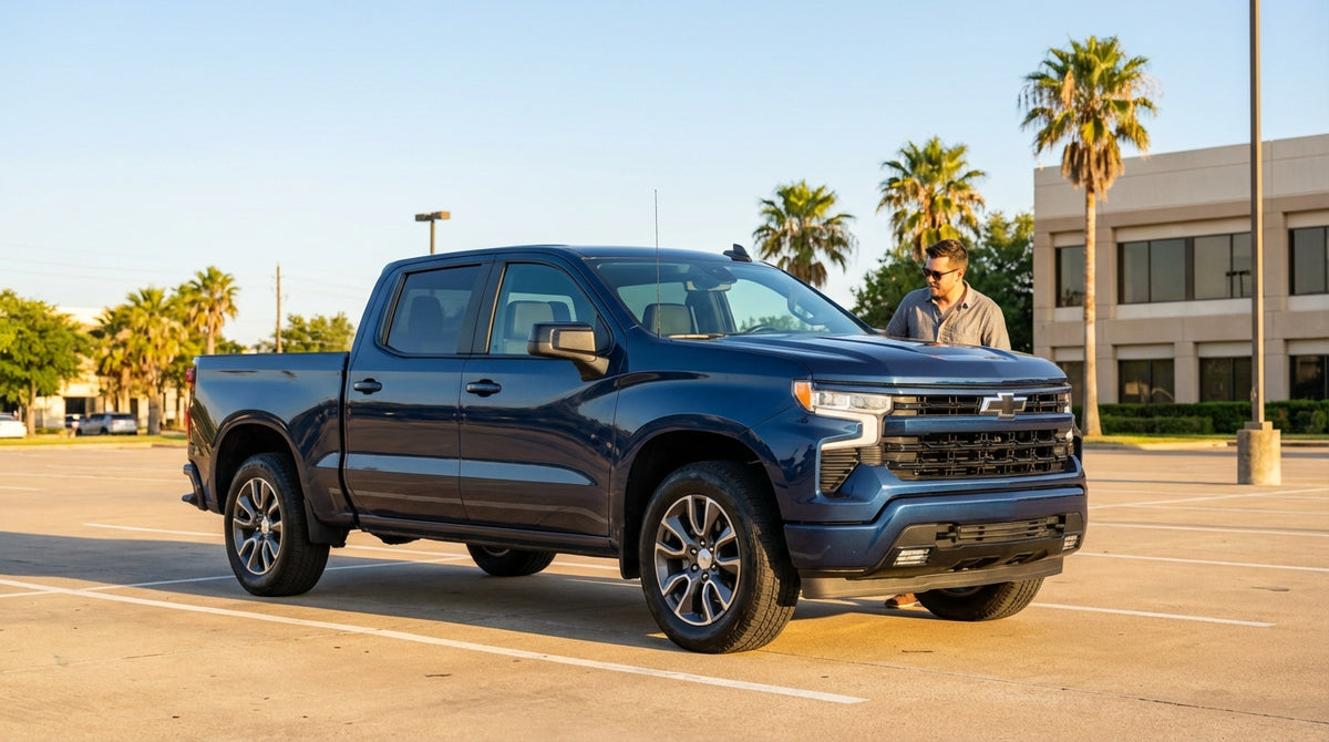 A car hire drives on a scenic highway through the Texas desert landscape under a sunset sky
