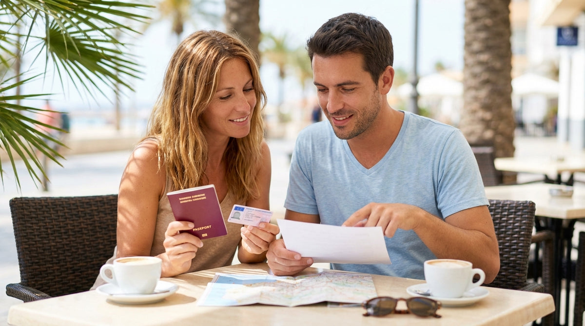 A convertible car rental driving down a sun-drenched coastal road in Florida, lined with tall palm trees
