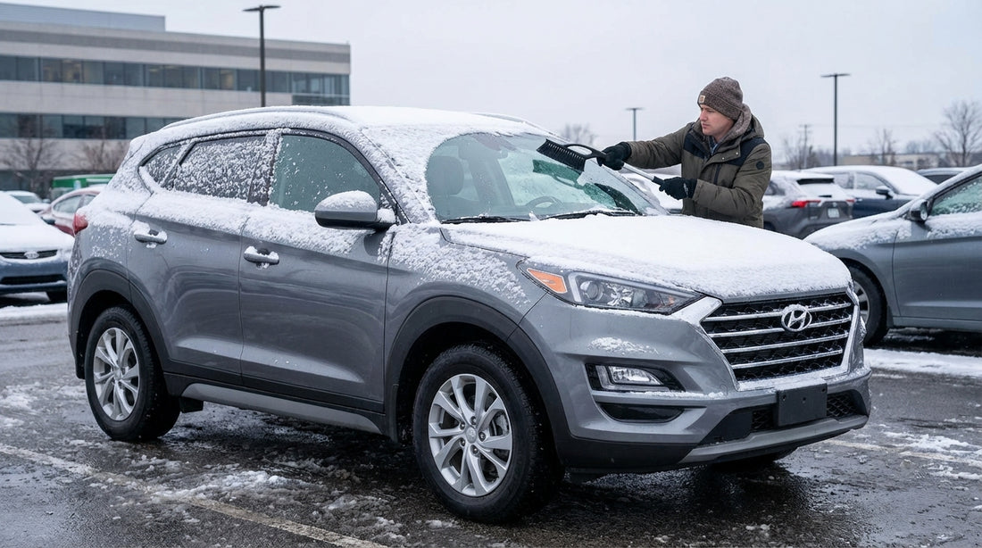 A modern car hire vehicle on a New York street, its roof and windows completely covered by a thick layer of fresh snow