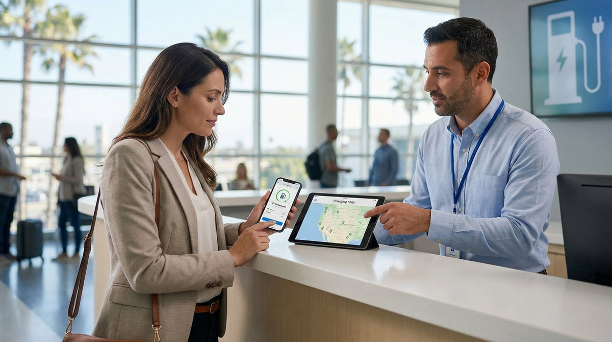 A modern electric car rental charging at a station with a scenic, sunny California background