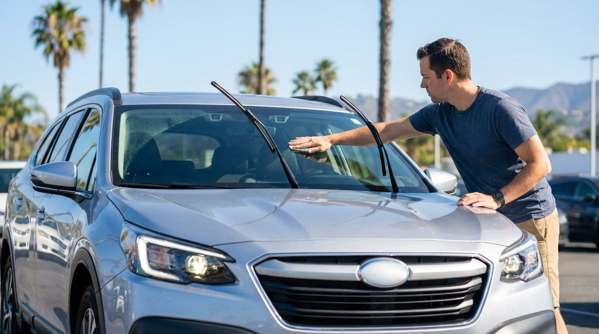 A person checking the dashboard of their car rental on a sunny day before a drive through California