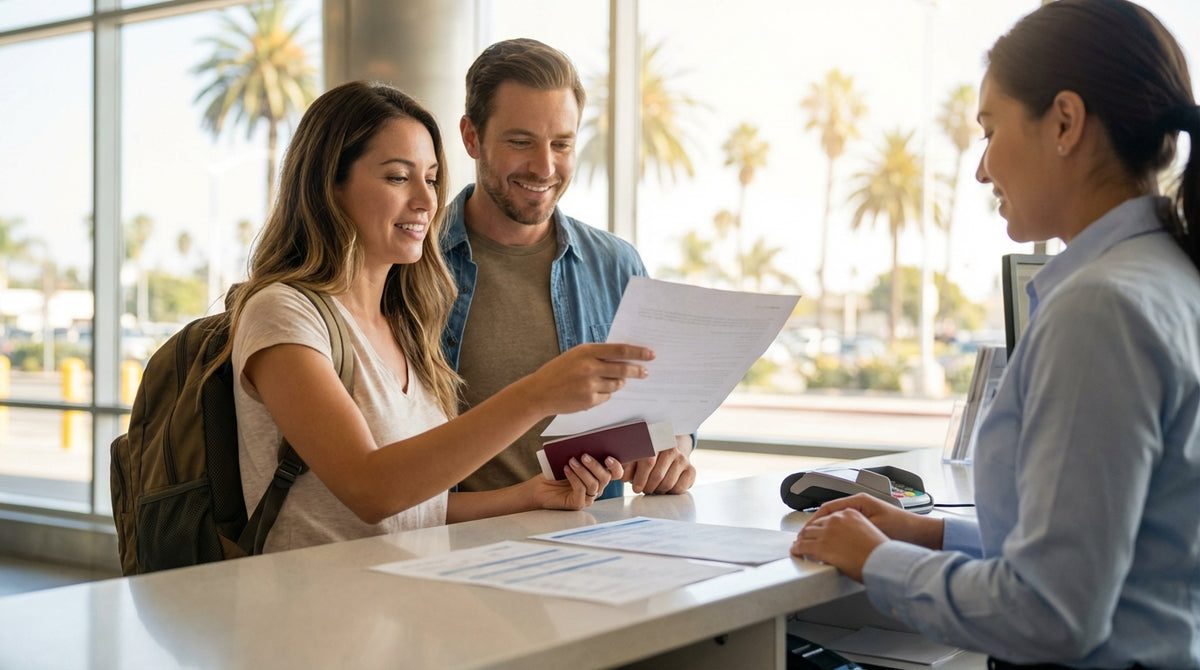 A smiling tourist holds up the keys to their car rental in front of a palm-lined street in California