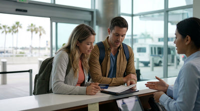 A customer at a car hire counter in the United States discusses a rental agreement with an employee