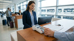 A traveler at a desk in the United Estates uses a credit card to finalize their car hire paperwork