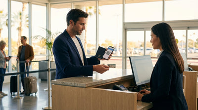 A red convertible car hire driving on a scenic, empty road through the Texas hill country at sunset