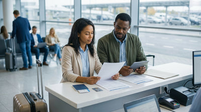 A customer smiling while receiving keys for their car hire at a rental counter in the United Estates