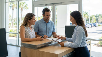 A modern car rental parked on a sunny coastal road with palm trees in Florida