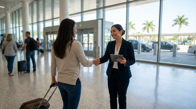 A car hire agent holding a sign greets a traveler at the Las Vegas airport arrivals hall